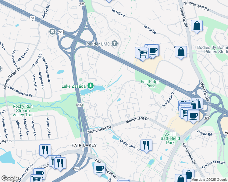 map of restaurants, bars, coffee shops, grocery stores, and more near 4080 Walnut Cove Circle in Fairfax