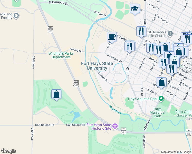 map of restaurants, bars, coffee shops, grocery stores, and more near Big Creek Trail in Hays