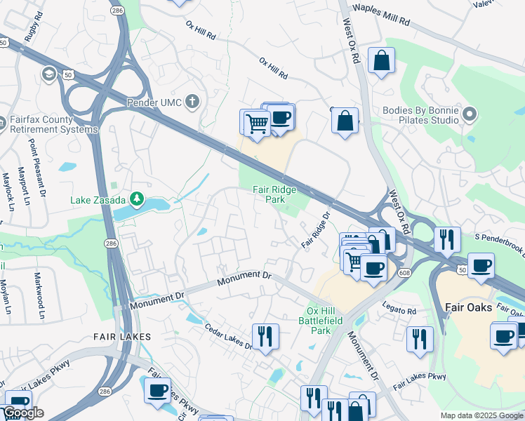 map of restaurants, bars, coffee shops, grocery stores, and more near 4009 Rosemeade Drive in Fairfax
