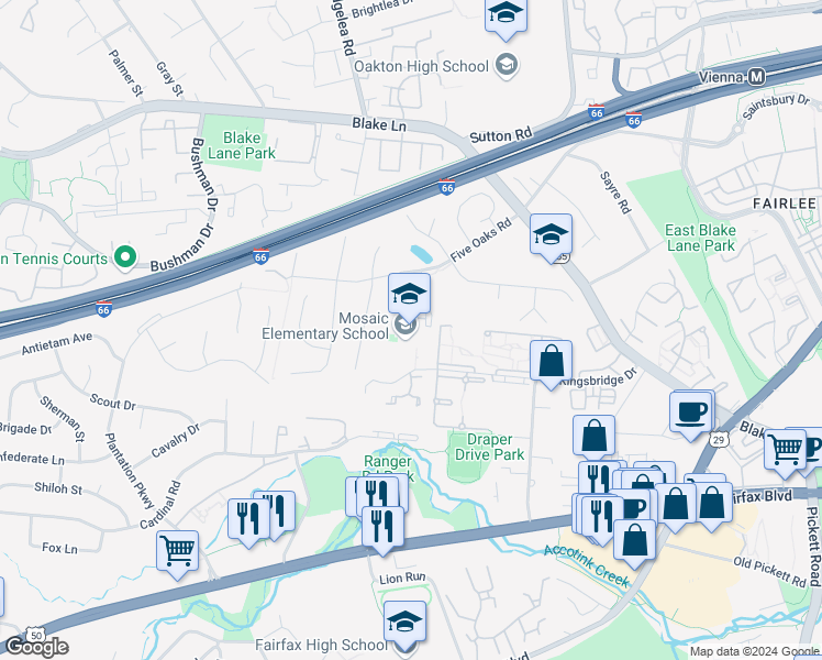 map of restaurants, bars, coffee shops, grocery stores, and more near 9819 Five Oaks Road in Fairfax