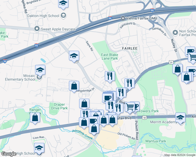 map of restaurants, bars, coffee shops, grocery stores, and more near 9659 Lindenbrook Street in Fairfax