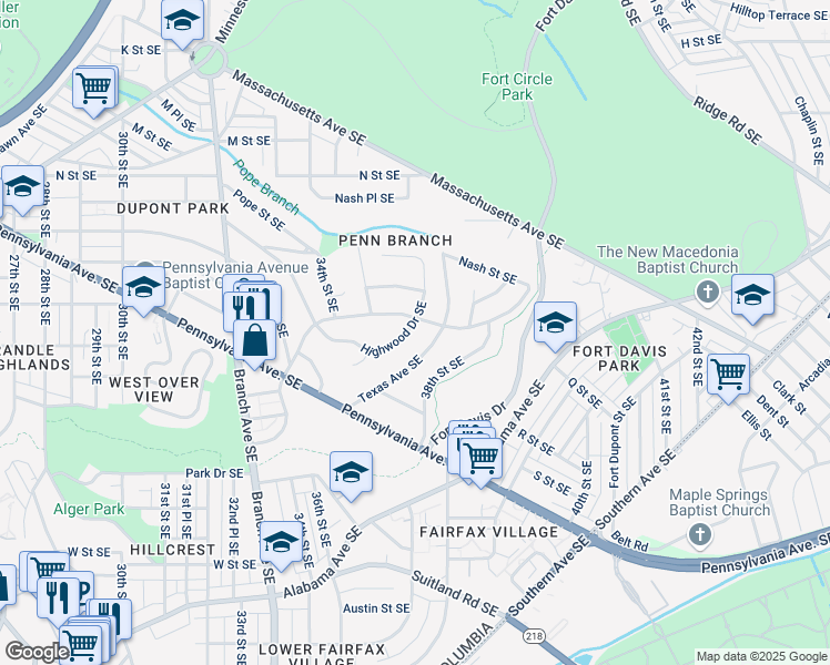 map of restaurants, bars, coffee shops, grocery stores, and more near 3541 Highwood Drive Southeast in Washington