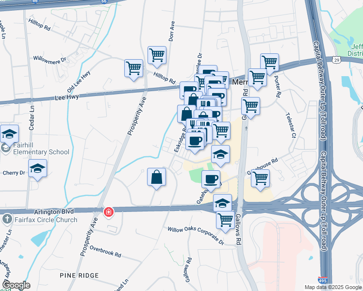map of restaurants, bars, coffee shops, grocery stores, and more near 3013 District Avenue in Fairfax