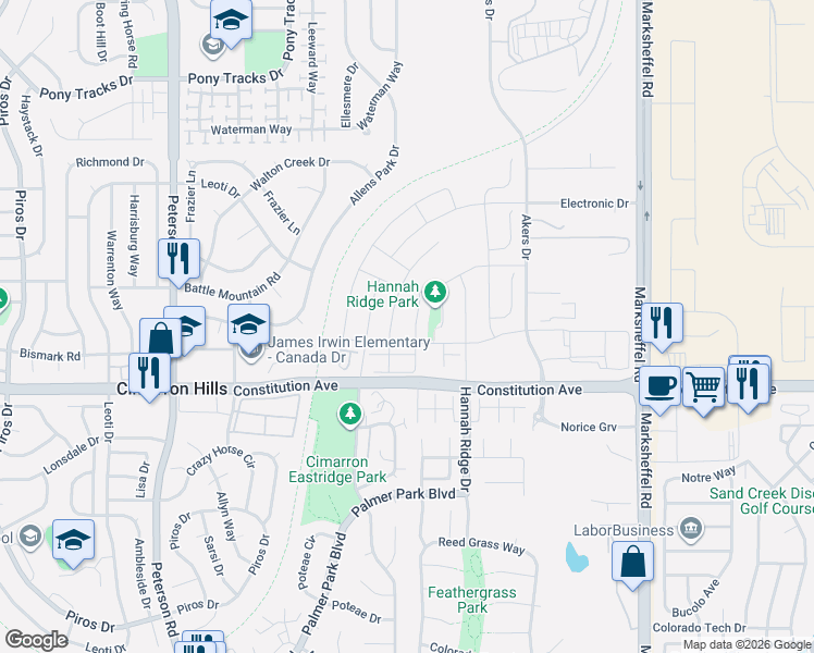 map of restaurants, bars, coffee shops, grocery stores, and more near 2507 Grand Prix Court in Colorado Springs