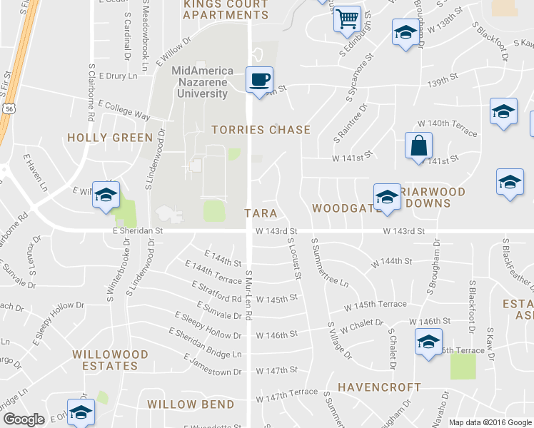map of restaurants, bars, coffee shops, grocery stores, and more near 16604 West 142nd Circle in Olathe