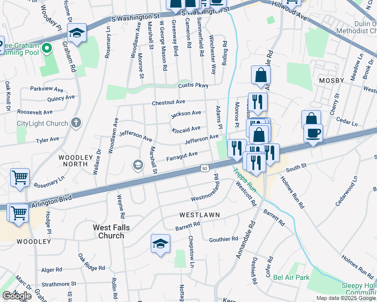 map of restaurants, bars, coffee shops, grocery stores, and more near 6814 Farragut Avenue in Falls Church