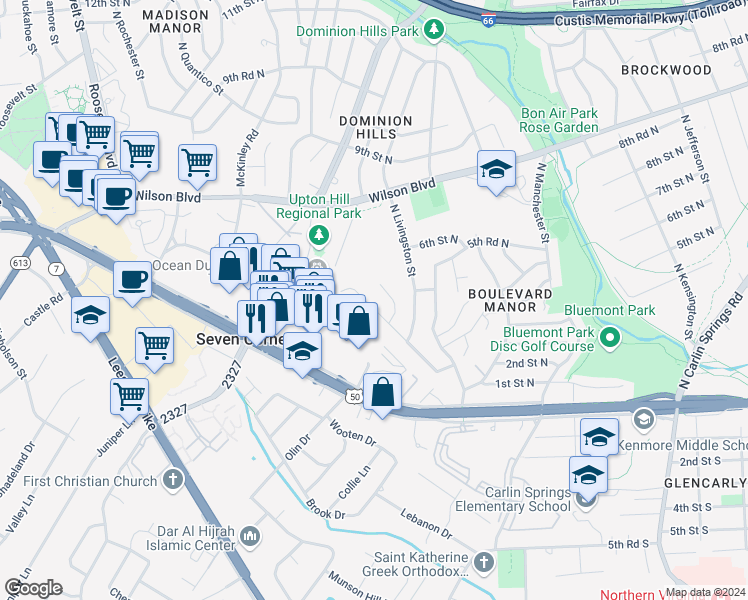 map of restaurants, bars, coffee shops, grocery stores, and more near 523 North Madison Street in Arlington