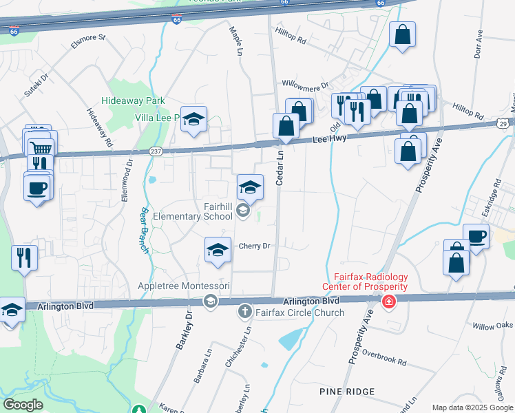 map of restaurants, bars, coffee shops, grocery stores, and more near 3001 Chichester Lane in Fairfax