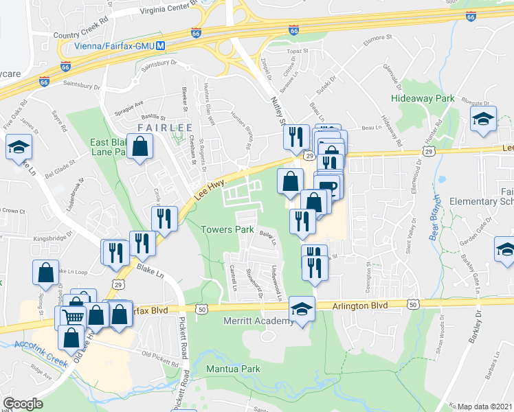 map of restaurants, bars, coffee shops, grocery stores, and more near 9241 Wood Violet Court in Fairfax