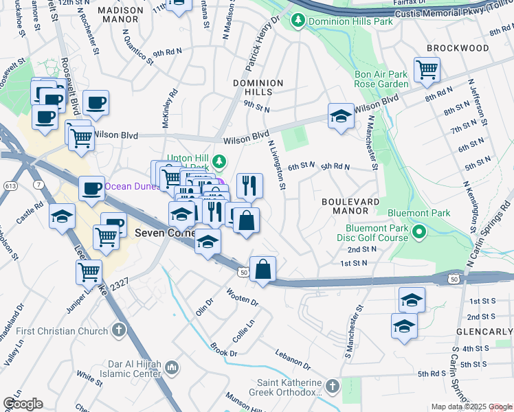 map of restaurants, bars, coffee shops, grocery stores, and more near 523 North Madison Street in Arlington