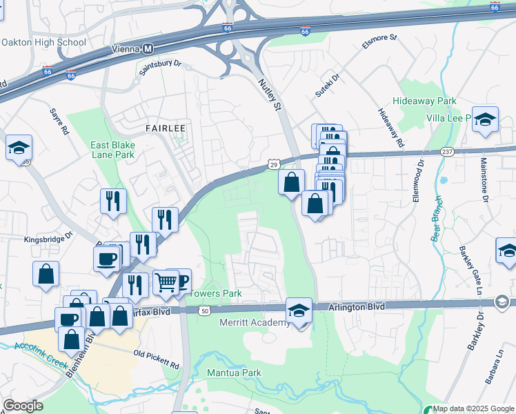 map of restaurants, bars, coffee shops, grocery stores, and more near 9241 Wood Violet Court in Fairfax
