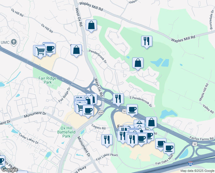 map of restaurants, bars, coffee shops, grocery stores, and more near 3922 Penderview Drive in Fairfax