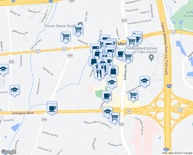 map of restaurants, bars, coffee shops, grocery stores, and more near 2986 District Avenue in Fairfax