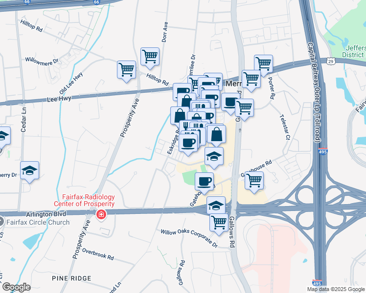 map of restaurants, bars, coffee shops, grocery stores, and more near 2992 District Avenue in Fairfax