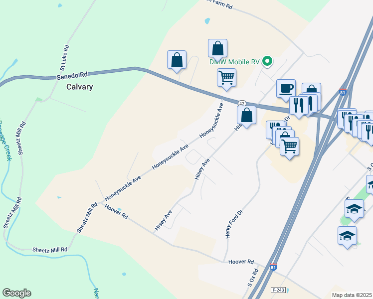 map of restaurants, bars, coffee shops, grocery stores, and more near 628 Allegheny Circle in Woodstock