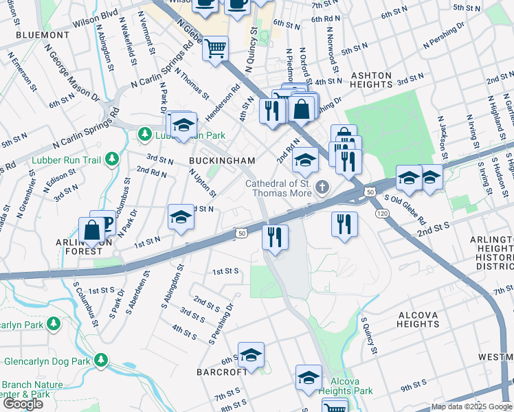 map of restaurants, bars, coffee shops, grocery stores, and more near 110 North George Mason Drive in Arlington