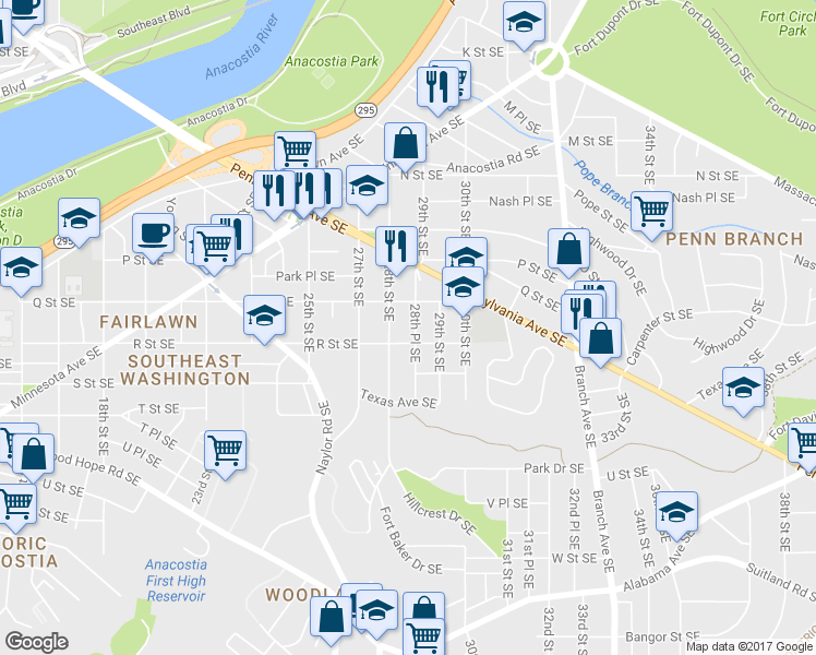 map of restaurants, bars, coffee shops, grocery stores, and more near 1621 28th Place Southeast in Washington