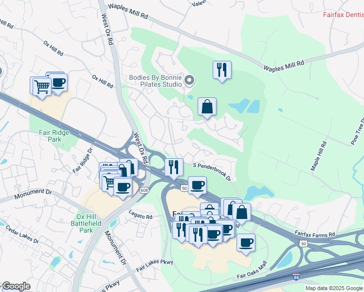 map of restaurants, bars, coffee shops, grocery stores, and more near 12003 Ridge Knoll Drive in Fairfax
