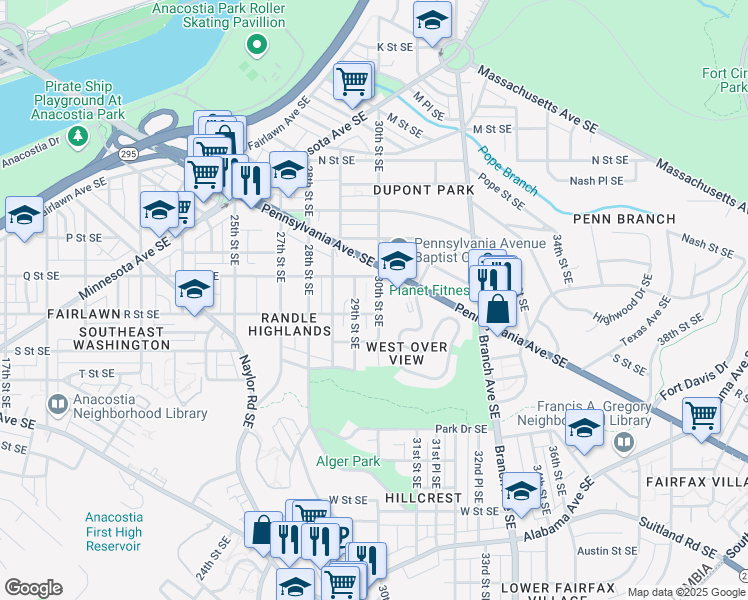 map of restaurants, bars, coffee shops, grocery stores, and more near 1619 30th Street Southeast in Washington