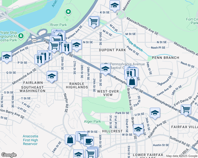 map of restaurants, bars, coffee shops, grocery stores, and more near 1619 30th Street Southeast in Washington