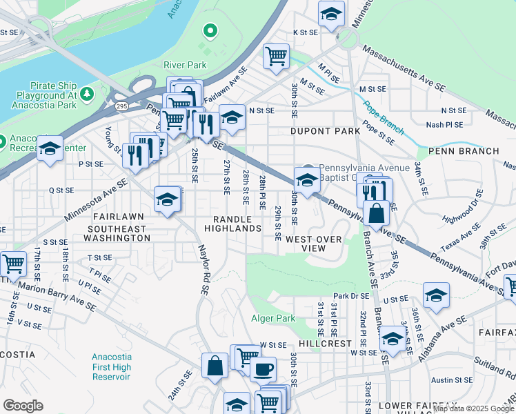 map of restaurants, bars, coffee shops, grocery stores, and more near 1621 28th Place Southeast in Washington
