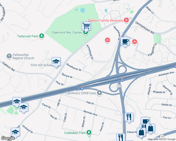 map of restaurants, bars, coffee shops, grocery stores, and more near 10618 Rosehaven Street in Fairfax