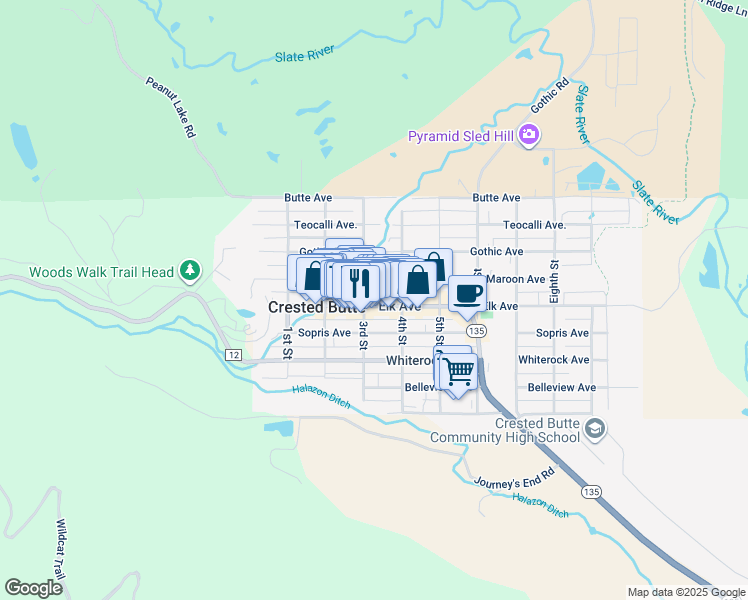 map of restaurants, bars, coffee shops, grocery stores, and more near 232 Elk Avenue in Crested Butte