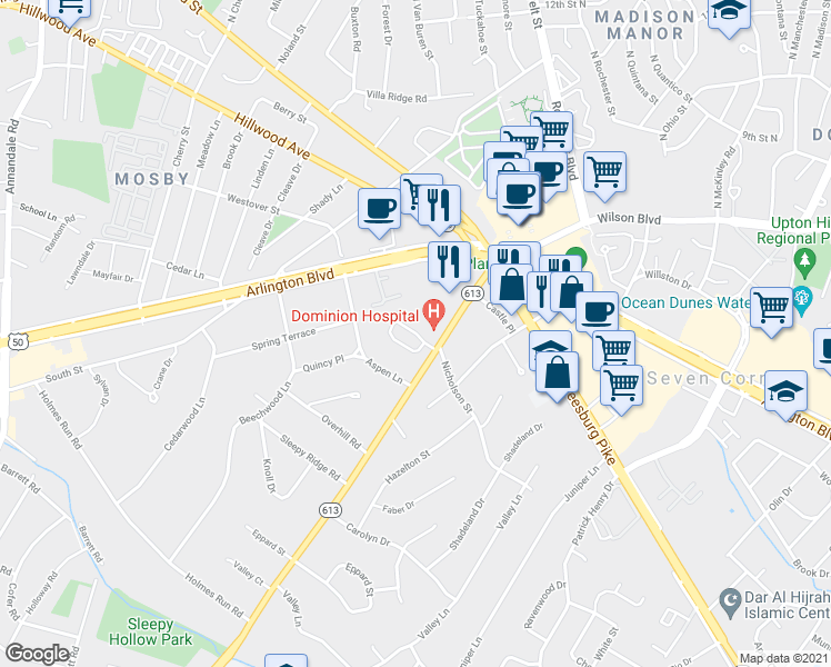 map of restaurants, bars, coffee shops, grocery stores, and more near Crooked Oak Lane in Falls Church