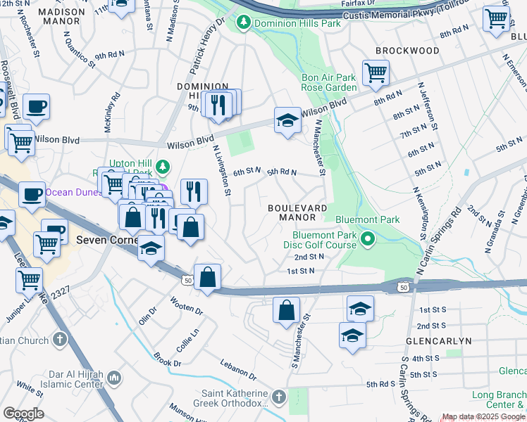 map of restaurants, bars, coffee shops, grocery stores, and more near 6009 4th Street North in Arlington