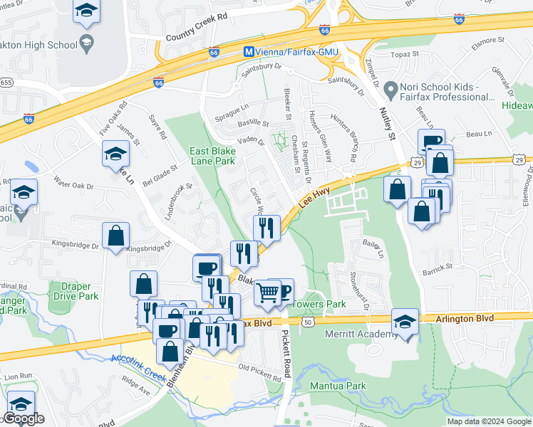 map of restaurants, bars, coffee shops, grocery stores, and more near 3080 White Birch Court in Fairfax