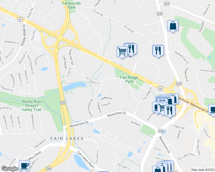 map of restaurants, bars, coffee shops, grocery stores, and more near 12489 Rose Path Circle in Fairfax