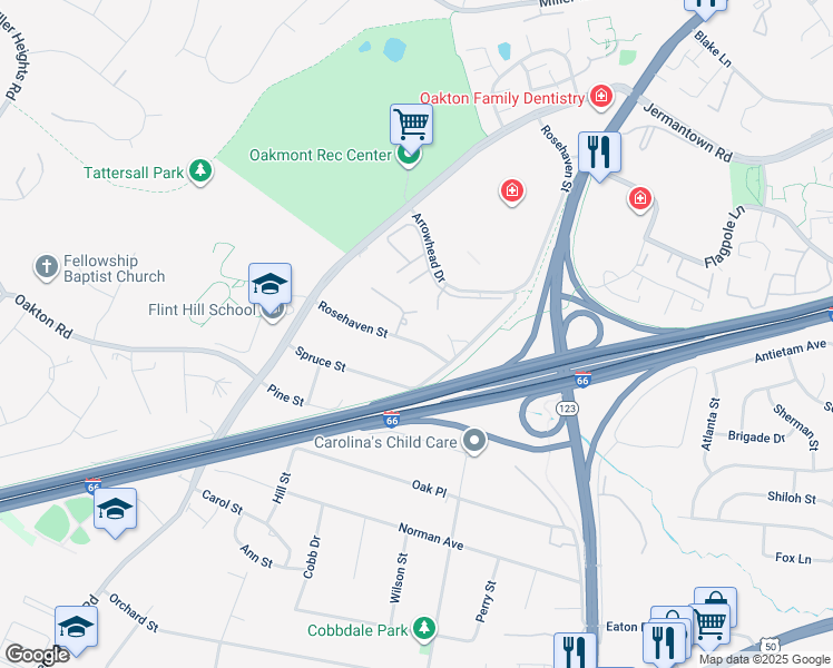 map of restaurants, bars, coffee shops, grocery stores, and more near 10618 Rosehaven Street in Fairfax