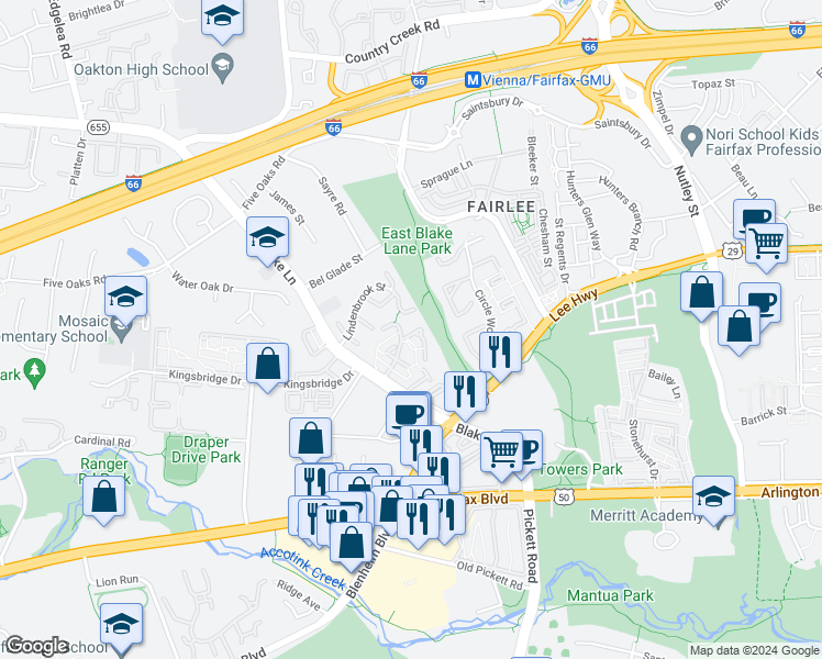 map of restaurants, bars, coffee shops, grocery stores, and more near 3007 Mission Square Drive in Fairfax