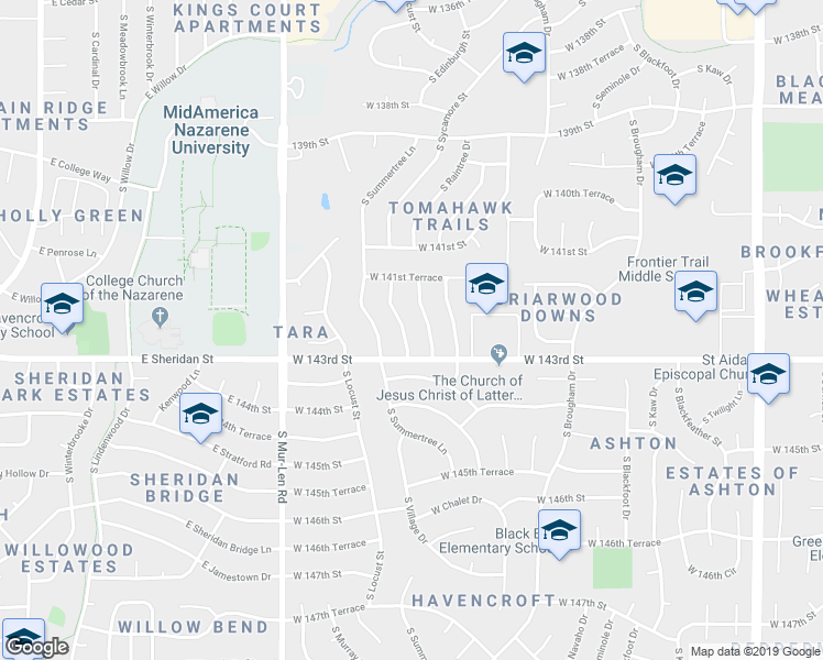 map of restaurants, bars, coffee shops, grocery stores, and more near 14217 South Sycamore Street in Olathe
