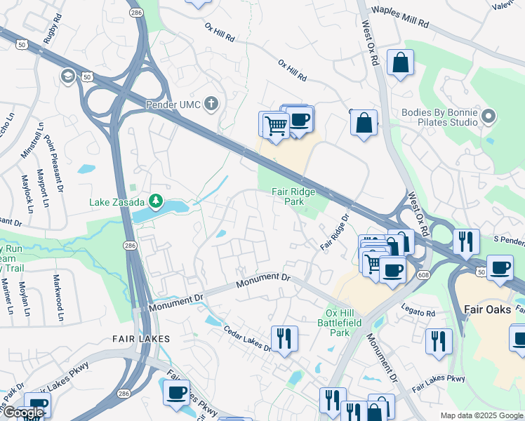 map of restaurants, bars, coffee shops, grocery stores, and more near 4023 Quiet Creek Drive in Fairfax
