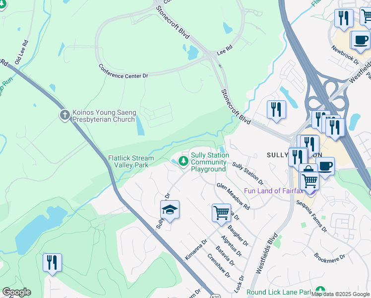 map of restaurants, bars, coffee shops, grocery stores, and more near 5216 Stoney Branch Court in Centreville