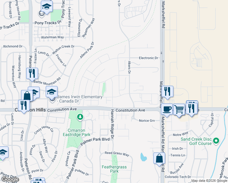 map of restaurants, bars, coffee shops, grocery stores, and more near 2515 Hannah Ridge Drive in Colorado Springs
