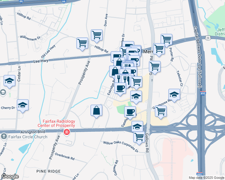 map of restaurants, bars, coffee shops, grocery stores, and more near 3004 District Avenue in Fairfax