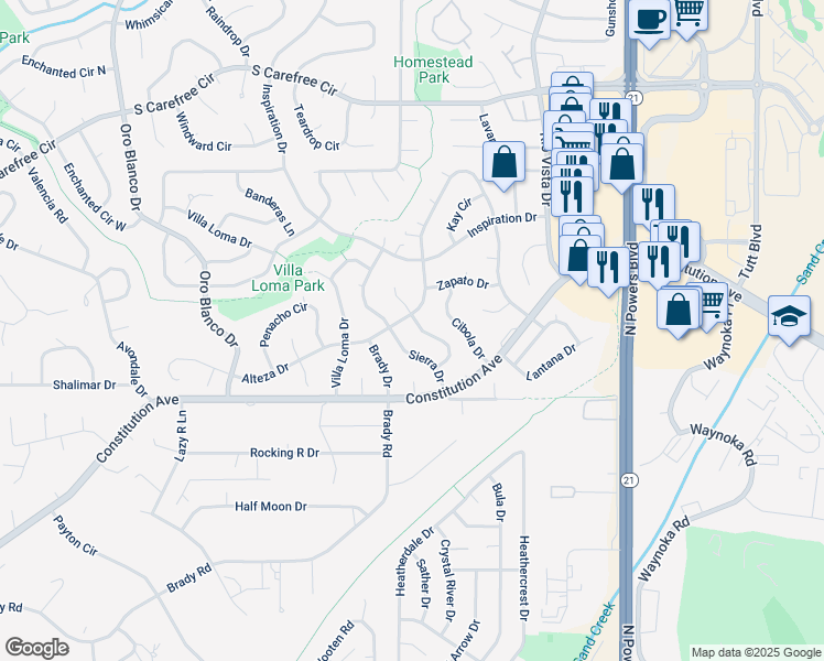 map of restaurants, bars, coffee shops, grocery stores, and more near 2555 Sierra Drive in Colorado Springs