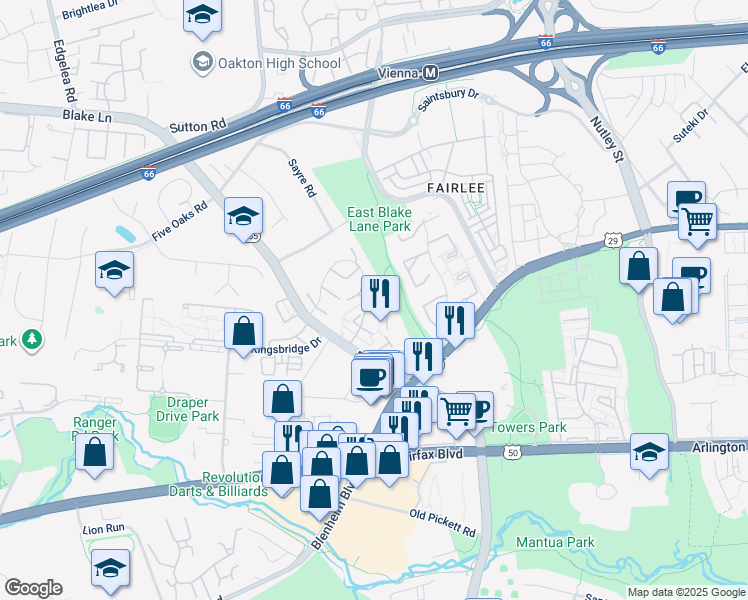 map of restaurants, bars, coffee shops, grocery stores, and more near 3007 Mission Square Drive in Fairfax