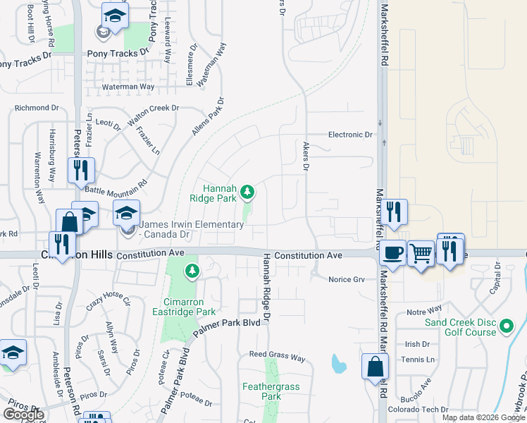 map of restaurants, bars, coffee shops, grocery stores, and more near 2515 Hannah Ridge Drive in Colorado Springs