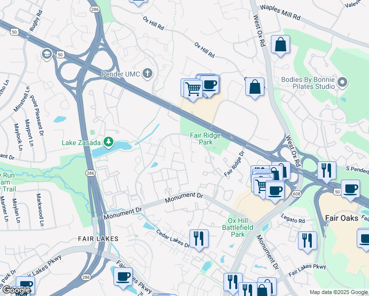 map of restaurants, bars, coffee shops, grocery stores, and more near 4023 Quiet Creek Drive in Fairfax
