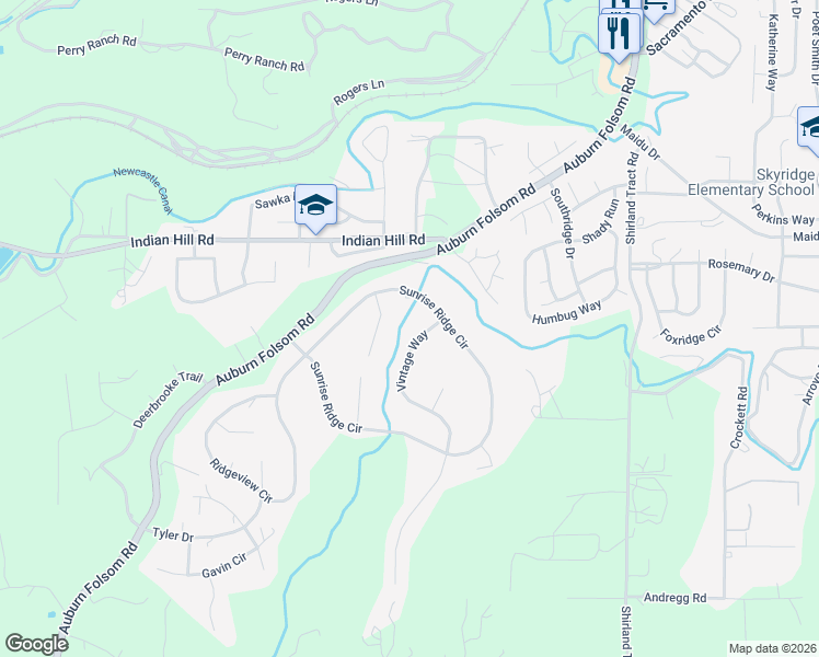 map of restaurants, bars, coffee shops, grocery stores, and more near 1218 Vintage Way in Auburn