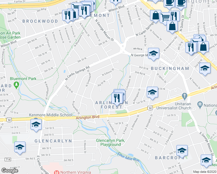 map of restaurants, bars, coffee shops, grocery stores, and more near 204 North Emerson Street in Arlington