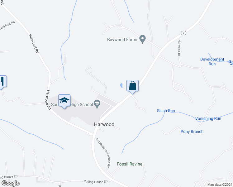 map of restaurants, bars, coffee shops, grocery stores, and more near 4374 Solomons Island Road in Harwood