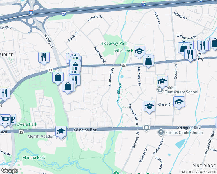map of restaurants, bars, coffee shops, grocery stores, and more near 9001 Piney Grove Drive in Fairfax