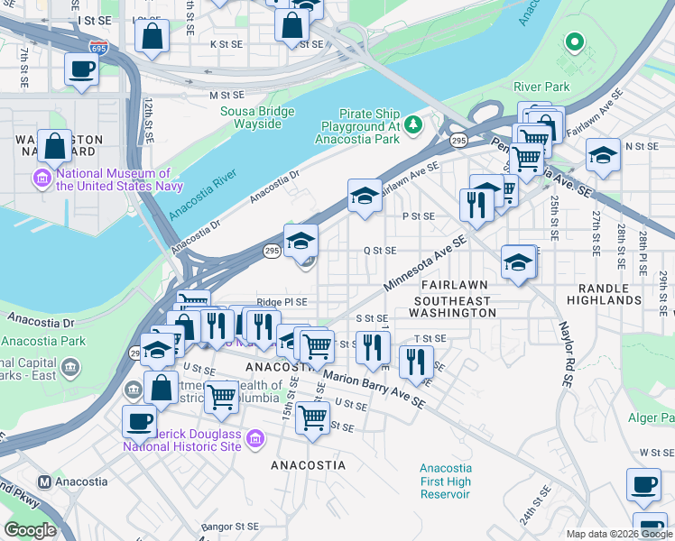 map of restaurants, bars, coffee shops, grocery stores, and more near 1617 17th Street Southeast in Washington