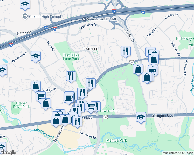 map of restaurants, bars, coffee shops, grocery stores, and more near 3063 White Birch Court in Fairfax
