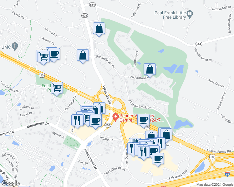 map of restaurants, bars, coffee shops, grocery stores, and more near 3922 Penderview Drive in Fairfax