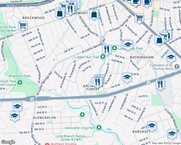 map of restaurants, bars, coffee shops, grocery stores, and more near 204 North Emerson Street in Arlington